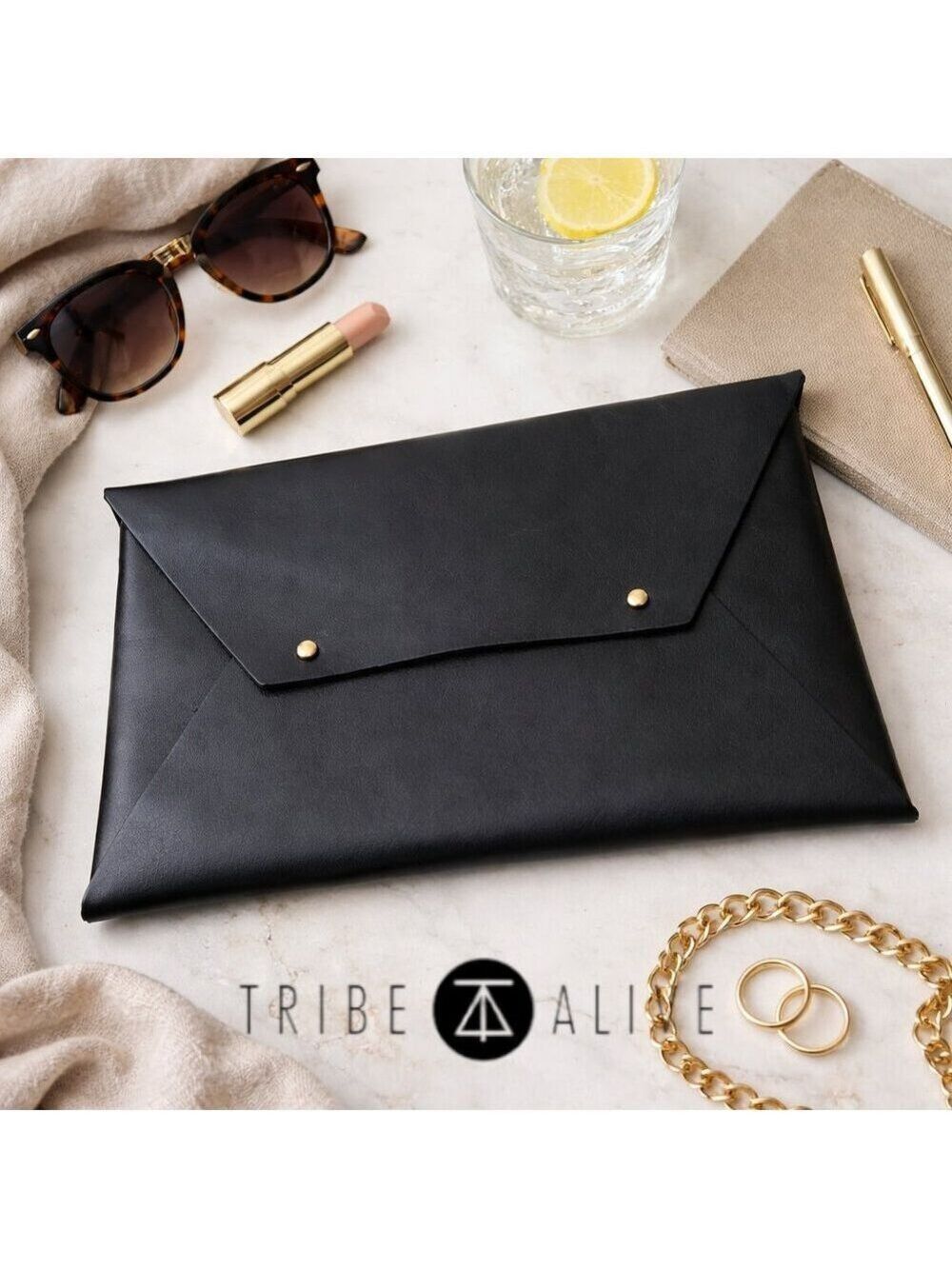 Tribe Alive Black Leather Envelope Clutch | Ethical Fair Trade Minimalist
